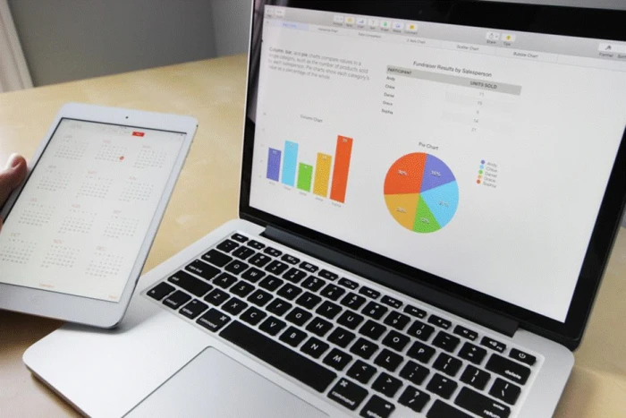 Title: Fig 3 - Description: Spreadsheet with a data table and charts open on a laptop